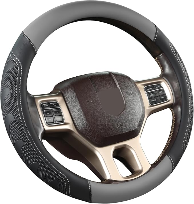 GIANT PANDA Car Steering Wheel Cover for RAM 1500 2500 3500, Compatible with Dodge RAM 15.5-16 inches - Black+Gray