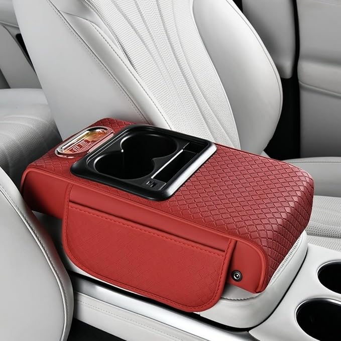 2026 Enhanced Car Center Console Armrest Cushion with USB& Type-C Charging, PU Leather Console Pad with Cup Holders, Storage& Tissue Outlet for Most Vehicles (Flat Version, Red)