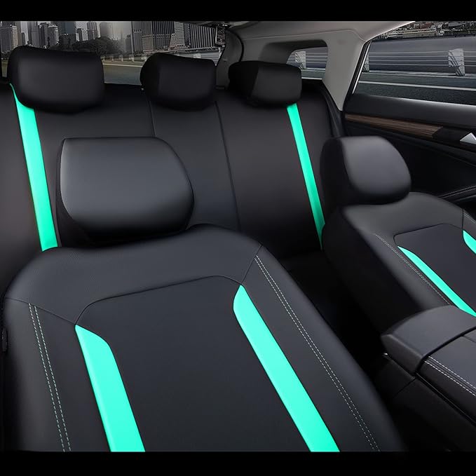 CAR PASS Black Mint Leather Car Seat Covers Full Set, Luxury PU Seat Covers for Cars, Waterproof Car Seat Protector Anti-Slip Seat Cushion Airbag Compatible for SUV Pick-up Truck Sedan, Mint Blue
