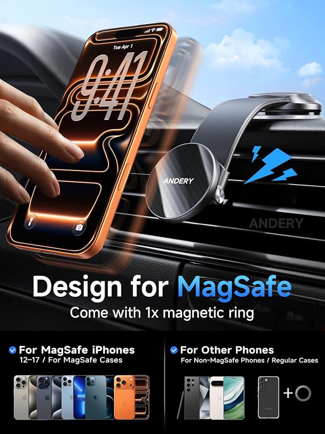 ANDERY Car Phone Holder for MagSafe [360° Adjustable Memory Alloy Arm | 2400gf Strongest Magnetic Power] Bendable Car Mount, Phone Holders for Your Car for iPhone and All Smartphones, Carbon Fiber