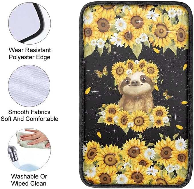 Suobstales Sloth Sunflower Daisy Butterfly Print Car Armrest Pad Soft Center Console Arm Rest Protector Cover Universal Car Interior Accessories Decoration