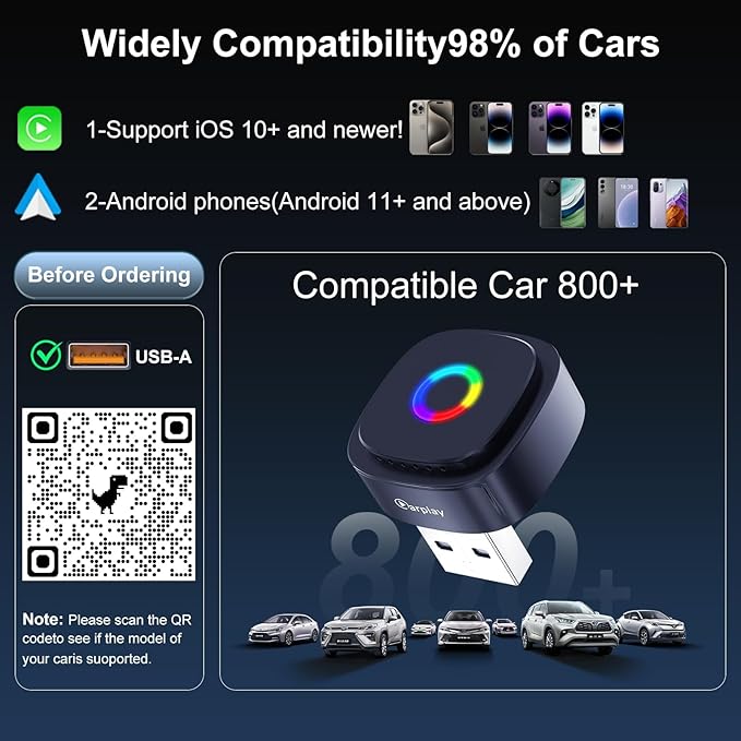Ultra Mini Wireless CarPlay Adapter with A9 Chip, 5.8GHz Low Latency WiFi, 3-5s Fast Auto Connect, Universal Wireless Apple CarPlay & Android Auto for Factory Wired Cars
