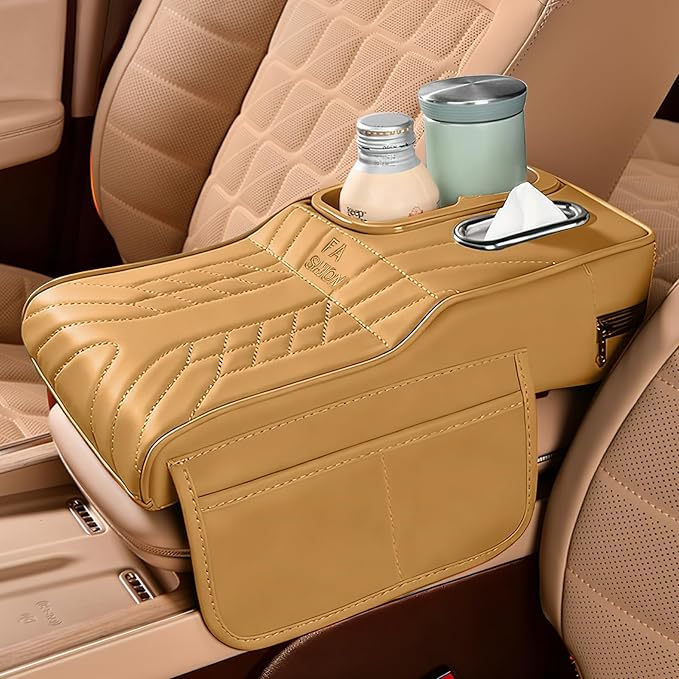 Car Center Console Armrest Pillow, 13.4"×7.5"×2" Leather Auto Arm Rest Cover with Pocket & Tissue Box & Cup Holder, Multifunctional Vehicle Armrest Cushion Pad, Car Accessories (Yellow)