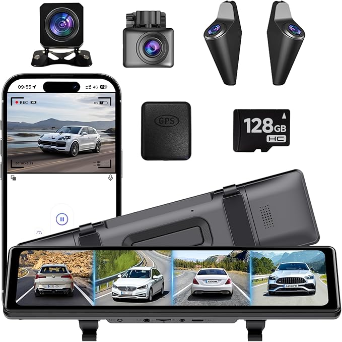 4 Camera System,10" AHD Mirror Rear View Dash Cam, Touch Screen Dash Cam with 128GB Card/Reverse line/WiFi/APP/1080P Night Vision for Car,Pickup,Truck,RV,Bus,SUV,MPV