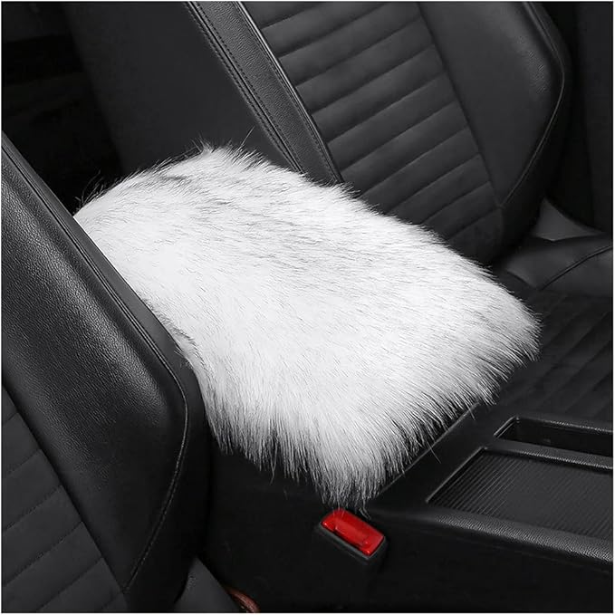 Furry Auto Center Console Cover Pad, 11.8"x7.8" Soft Sheepskin Wool Armrest Cushion, Fluffy Vehicle Armrest Seat Box Protector, Car Interior Accessories for Women Men (White/Black)