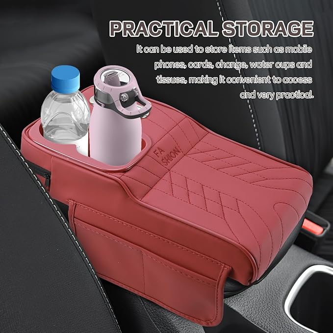 Car Center Console Armrest Pillow, 13.4"×7.5"×2" Leather Auto Arm Rest Cover with Pocket & Tissue Box & Cup Holder, Multifunctional Vehicle Armrest Cushion Pad, Car Accessories (Red)
