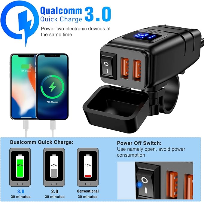 Nilight Motorcycle Charger with 12V Voltmeter Independent On Off Switch SAE USB Adapter Inline 10A Fuse Waterproof 6.8A Dual QC3.0 Fast Charging Phone Tablet for 7/8inch Handlebar ATV