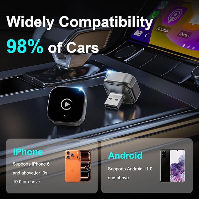 2-in-1 Wireless CarPlay Adapter for Apple iPhone & Android Auto - Wired CarPlay to Wireless Device, T-Shaped for Car USB Plug and Play Auto Reconnect, Auto-Connect, No Delay [2026 Upgraded]