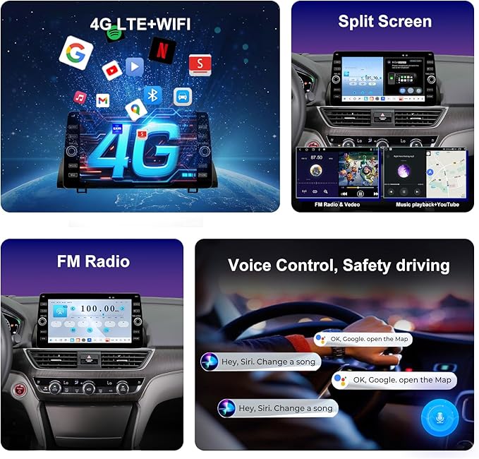 4G LTE QLED Radio for Honda Accord 10th Gen 2018-2022 Upgrade,8-Core CPU Touch Screen Stereo,Wireless CarPlay & Android Auto,Support OEM SWC and Camera