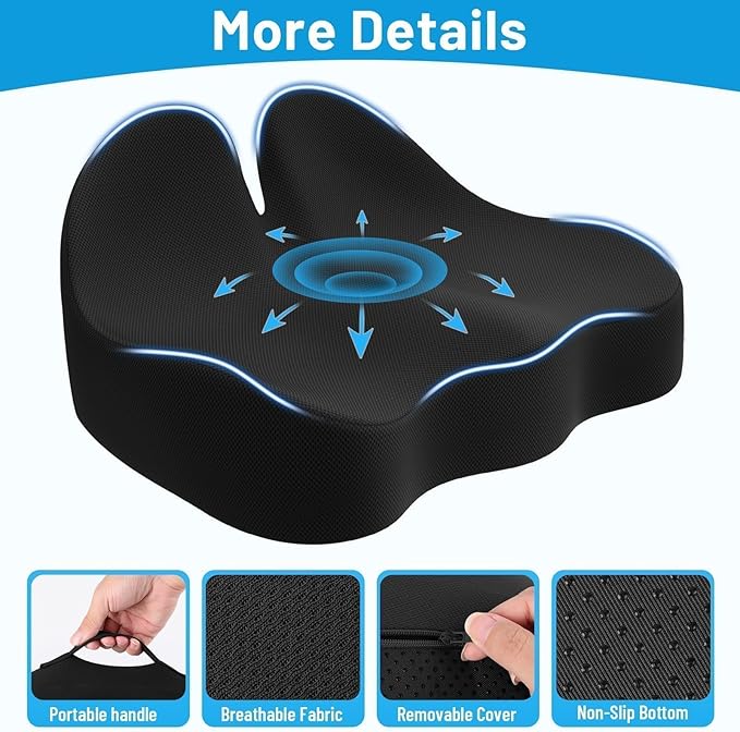 Seat Cushion, Memory Foam Office Chair Cushions, Ergonomic Curved Design for Sciatica, Tailbone, Coccyx, Seat Support for Car, Desk Chair, Wheelchair, Enhances Long Sitting Comfort (Black)