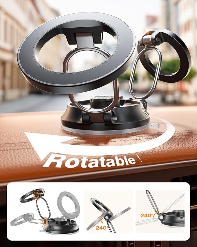 【2026 Newest】SUPERONE for Magsafe Car Mount Suction Cup,【Strongest Suction, 70% Less Spcae】Magnetic Car Phone Holder, Vacuum Phone Mount Foldable Car Accessories for iPhone 17 Pro Max/16/15/14/13/12