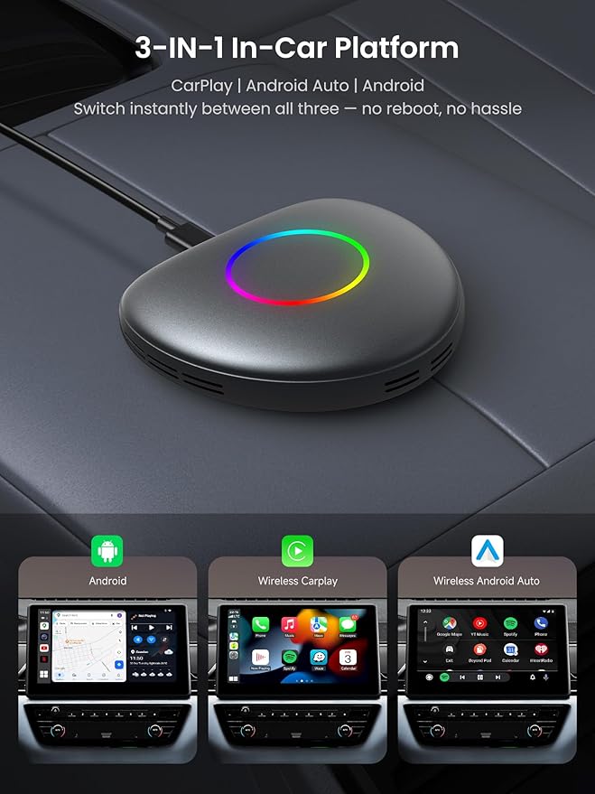 Magic Box - Wireless Carplay/Android Auto/Android AI Box 8GB+128GB, Car Video Box for YouTube, Spotify, Prime Video with Built-in 4G/ WiFi/Dual Bluetooth, OTA, GPS, microSD, OBD II, CB6D
