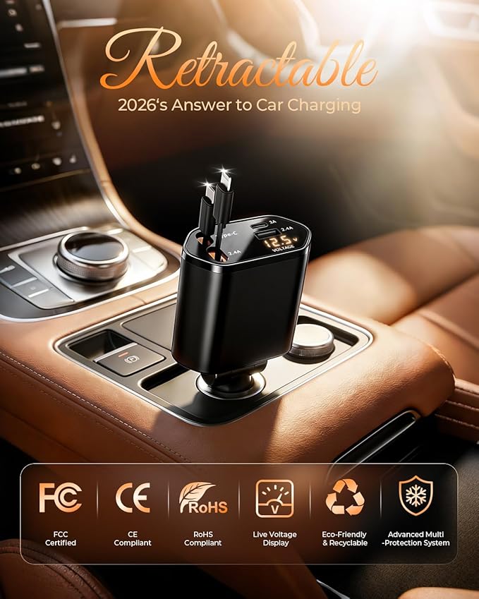 2026 MimAuto 4 in 1 Retractable Car Charger, Car Charger USB C Fast Charger, Car Phone Charger for iPhone 17/16/15/14/13, Samsungs, Tablets, Dash cams. Black Car Accessories for Men Women