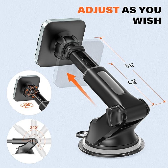 APPS2Car for MagSafe Car Mount, Extra Strong Hold Magnetic Phone Holder with 20xN55 Magnets, Suction Cup Stand for Windshield Dashboard, Adjustable Telescopic Arm, Fit for iPhone Samsung