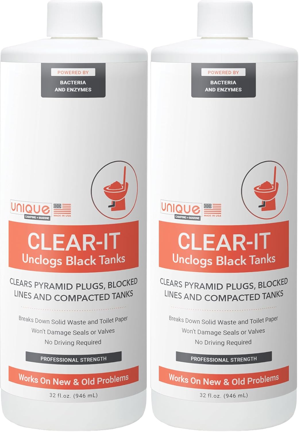 Unique Clear-It RV Black Tank Unclogger Liquid - Breaks Through Pyramid Plugs, Compacted Tanks, and Clogged Pipes 32 oz (2-Pack)