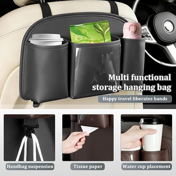 Car Back Seat Organizer, Leather 4-in-1 Seat Back Hanging Storage Bag with Tissue Box, 2 Cup Holder & Hook, Multi-Purpose Backseat Organizer Pocket for Hold Phone Drink, Universal Fit (Black)