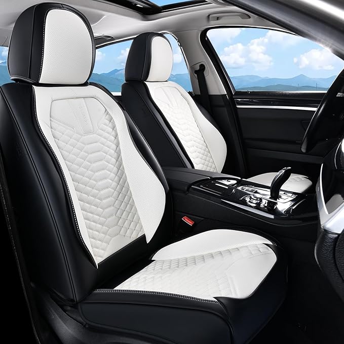 Coverado Car Seat Covers, Front Seat Cover, Waterproof Nappa Leather Seat Covers for Cars, 2 Pack Driver Car Seat Protectors, Automotive Seat Covers Universal Fit for Most Cars, Black&White