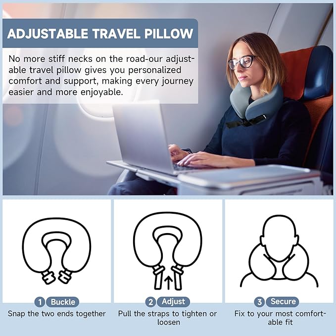 SPRFUFLY Soft Travel Pillow, 100% Memory Airplane Pillow with Sleep Mask and Ear Plugs, Breathable Removable Cover & Ergonomic Design - Essentials Neck Pillow for Airplane, Office & Home Use