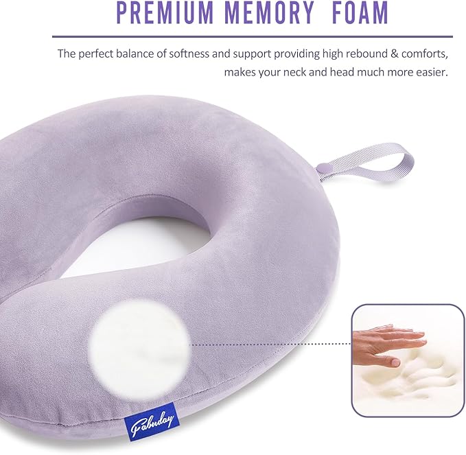 Travel Pillow Memory Foam for Airplanes - Neck Pillow for Traveling, Car, Home, Flight Pillow for Sleeping with Attachable Snap Strap Soft Washable Cover, Provide Head Neck Support Rest, Gray Purple