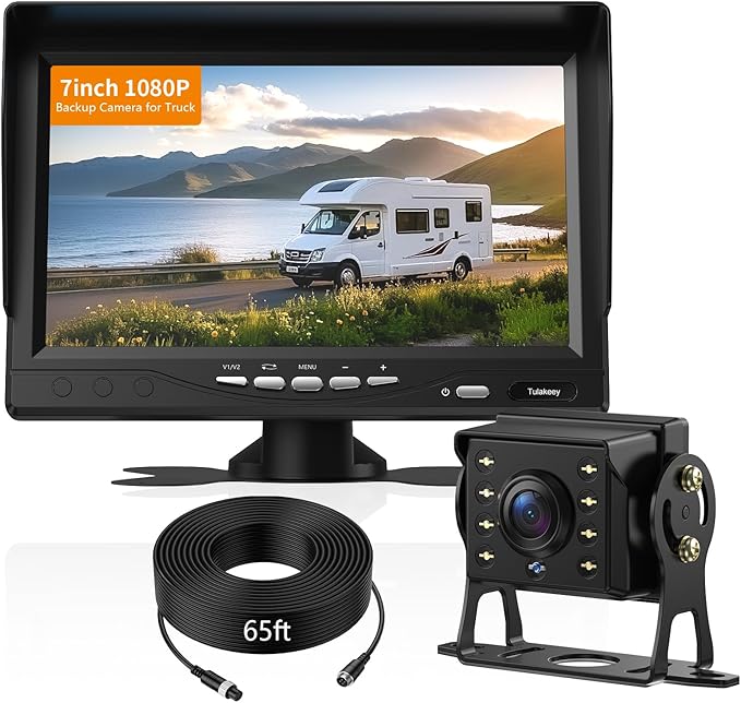 7" 1080P Wired Truck Backup Camera System, IP68 Waterproof Rear View Camera with Wide Angle View, Night Vision Reverse Camera for RV Trailer 12V-24V