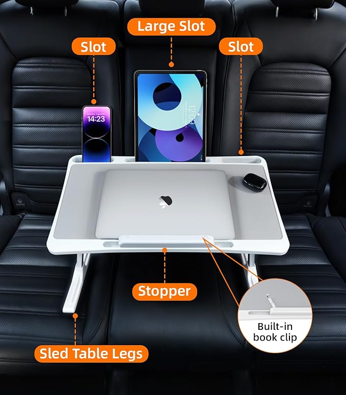 Large Car Seat Tray Table, Foldable Travel Tray for Kids Car Seat, Height Adjustable Car Lap Desk for Laptop Computer Tablet, Rear Seat Food Eating Tray, Car Travel Essentials for Long Trips