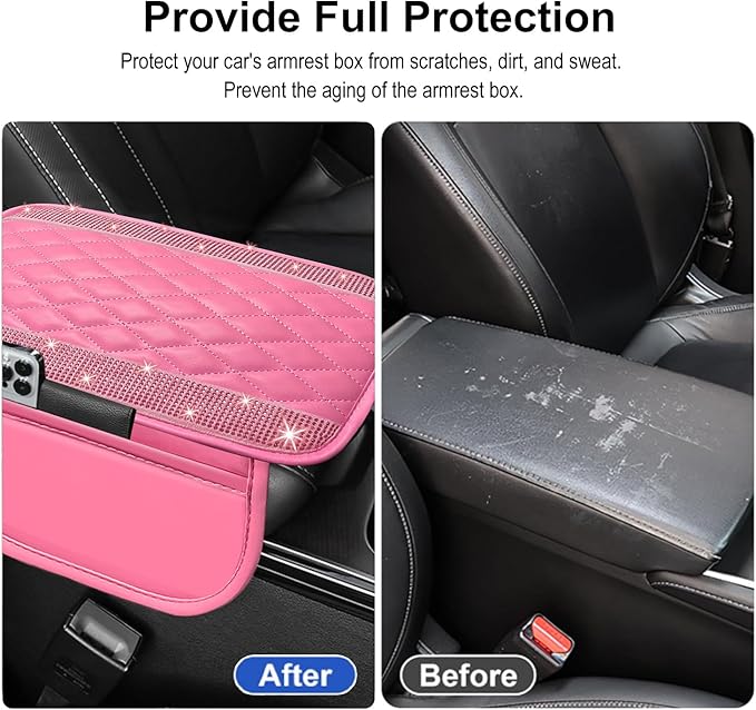 NBTEPEM Bling Pink Car Center Console Cover, Leather Car Arm Rest Cover with 2 Storage Bags, Universal Auto Armrest Protector Storage Box, Pink Bling Accessories Interior for Most Vehicles