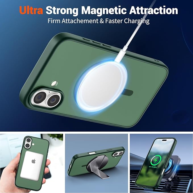 SUPFINE Magnetic for iPhone 16 Case (Compatible with MagSafe) (Military Grade Drop Protection) Slim Translucent Matte Shockproof with Anti-Fingerprint Phone Case,Forest Green