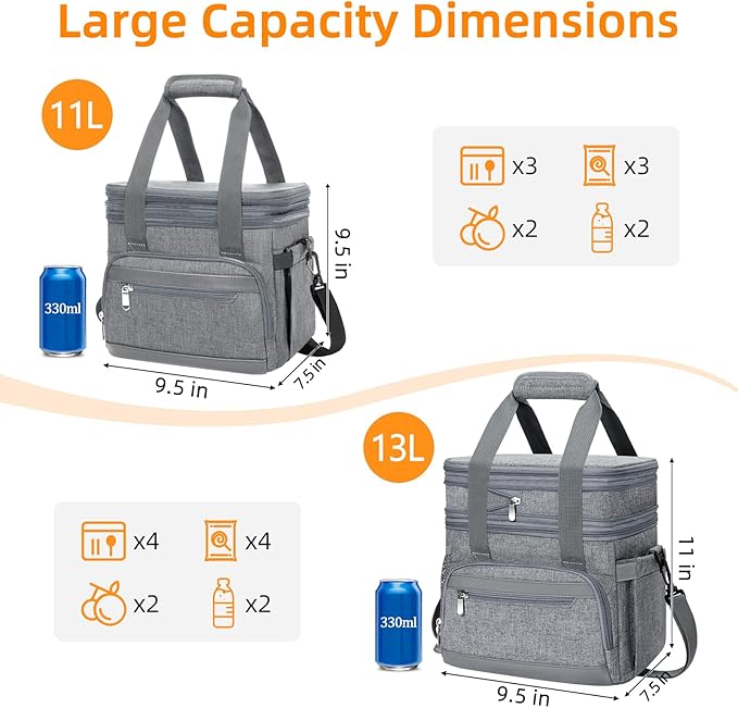 Insulated Lunch Box for Men & Women - Double Layer Leakproof Lunch Bag with Adjustable Shoulder Strap, Expandable Food Cooler for Work, Office, Travel, Camping (Grey)