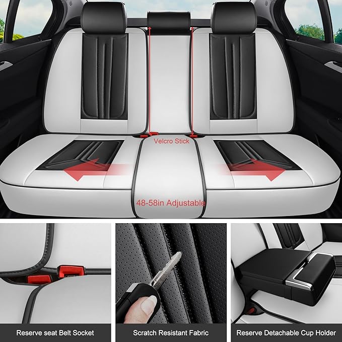 Car Seat Covers, Premium Leather Car Seat Covers, Waterproof and Breathable Seat Covers, Universal Car Seat Protector Fit for Cars, Trucks, SUVs, Pick-ups (Black & White, FullSet)