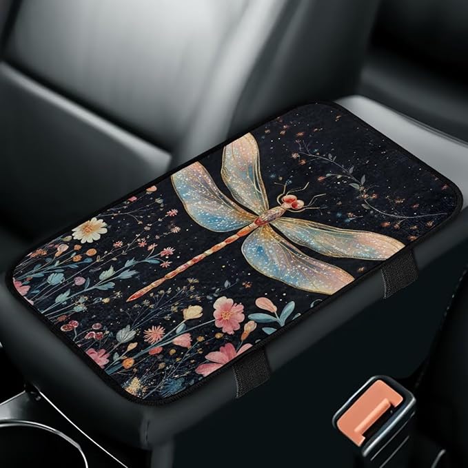 Dragonfly Flower Middle Console Covers Elastic Flannel Center Console Cover Anti-Slip Washable Car Center Console Lid Cover Accessories Compatible with Cars,SUV,Trucks