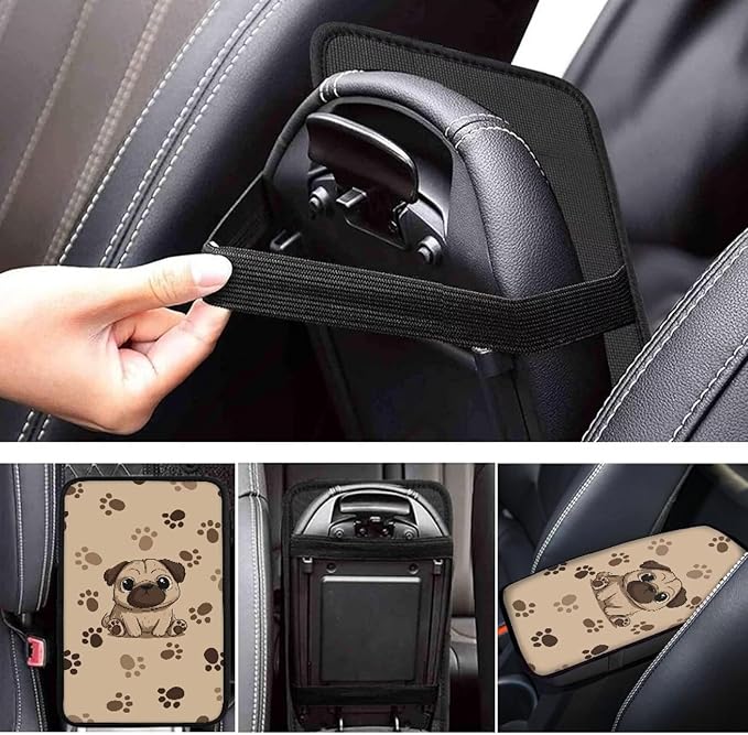 Cute Pug Car Center Console Cushion Pad for Women Dog Print Automotive Armrest Seat Box Cover Universal Fit Most Vehicles Sedan Van Truck SUVs