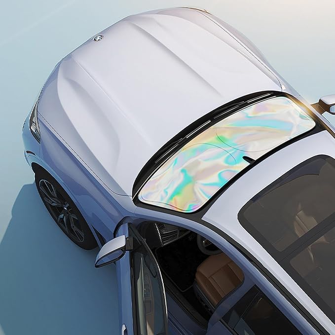 Sunshade Car Front Windshield Titanium Silver Sun Shade Iridescent Car Sunshade Foldable Sun Shield Cover Block UV Rays, Reflector Shield Suitable for Most Cars SUVs Large 57 x 31.5 in