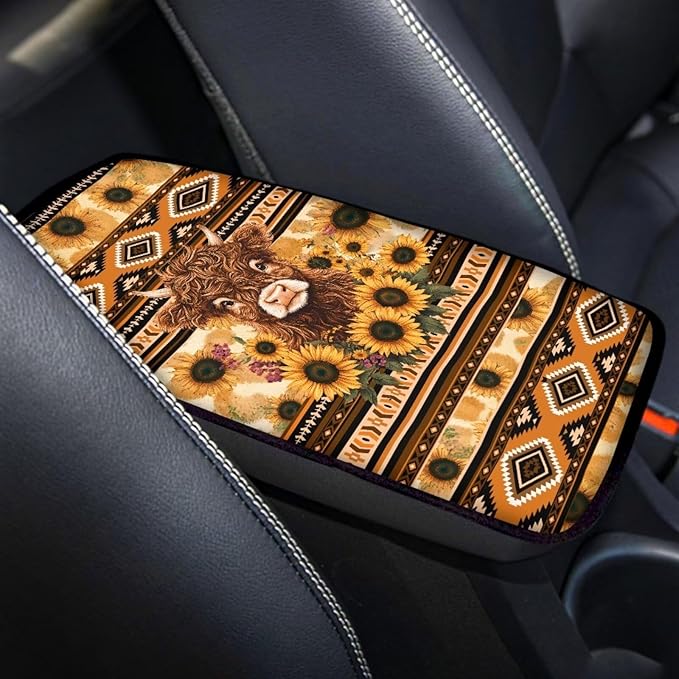 UNICEU Aztec Highland Cow Sunflower Print Car Accessories Soft Comfy Armrest Cover Pad Car Center Console Armrest Protector Covers Universal Fit Trucks SUV Van