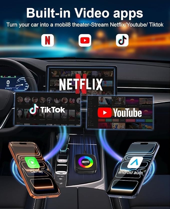 Wireless Carplay Adapter for iPhone Ai Magic Box with Netflix/YouTube Supports TF/Card Dongle Plug and Play Easy Setup Carplay & Android Auto Video Entertainment for iOS 10+ Radio Accessories
