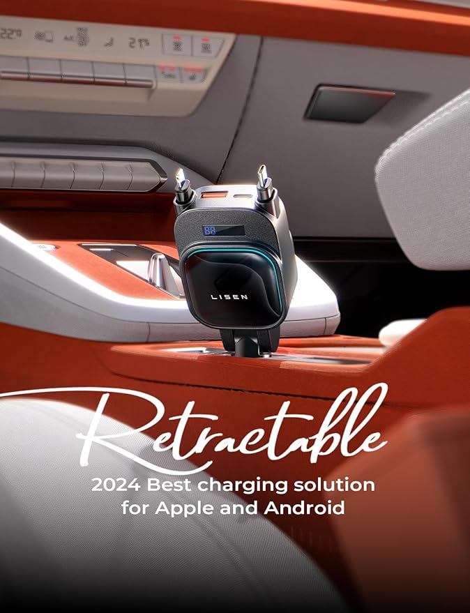 LISEN Only for Trucks 96W Fast Charging Retractable Car Charger[USB C Cable & L Cable], 4 in 1 Retractable Car Charger Fast Charging for iPhone 17 Pro Max 16 15 14 13, Samsung Galaxy S25/24,Grey