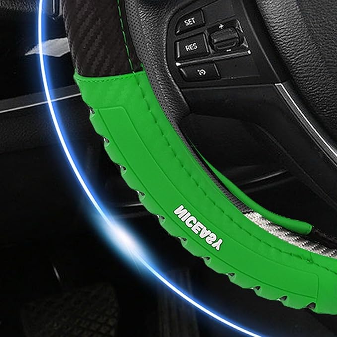 Sport Style Black Carbon-Fiber Steering Wheel Cover with Green Grip Steering Wheel Accessory,Universal Fit 14.75-15 inch Steering Wheel
