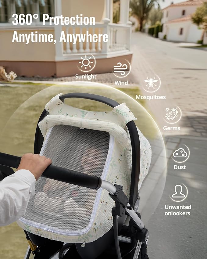Blissful Diary Baby Car Seat Cover, Extra Large Mesh Window, Breathable Muslin Cotton, Infant Windproof Canopy, Must-Have Baby Gift - Botanical Leaf