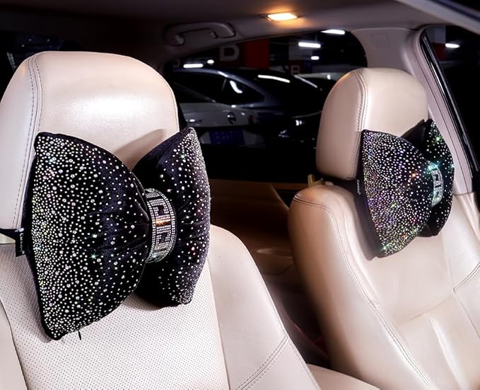 Bow Neck Support Pillow for Driving Seat Travel Head Rest Sparkly Bling Car Accessories Sparkly Rhinestone Headrest Black 2pcs for Women Men