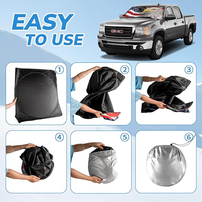 Windshield Sun Shade New American Eagle Flag USA Patriotic Design - Folding Car Front Window Sunshade for Cars SUV Trucks, Max UV Blocking and Keep The Vehicle Cool(64"x33.5")