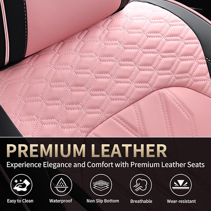 FLORICH Automotive Seat Covers Leather Pink Seat Covers for Cars Front Seats Waterproof Car Seat Cushion Interior Covers Protector Vehicle Seat Cover Universal Fit for Most Car Truck SUV, Black&Pink