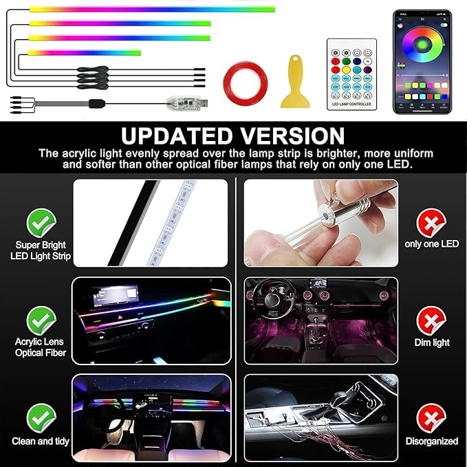 Interior Car LED Strip Lights,116in USB Dreamcolor 4 in 1 Acrylic Neon Flexible Strip Fiber Optic LED Ambient Lighting Kits with Remote APP, RGB Music Lights Sync for Inside car Decorations