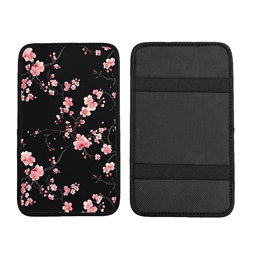 Nice Sakura Blossom Black Car Auto Armrest Cushion Cover Accessories Center Console Seat Box Pad Protector Universal Decoration for Most Vehicle SUV Truck
