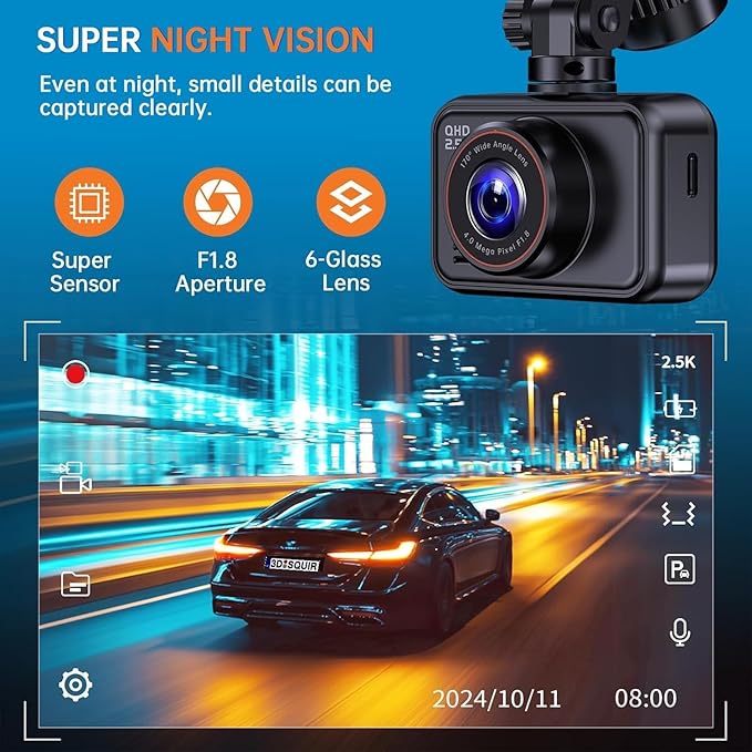 E-YEEGER Dash Cam Front and Rear, 2.5K Dual Dash Camera for Cars, 2560P Mini Car Camera, 2 inch IPS Screen, WDR Night Vision, 24 Hours Parking Monitor, G-Sensor, Support 256 GB Max