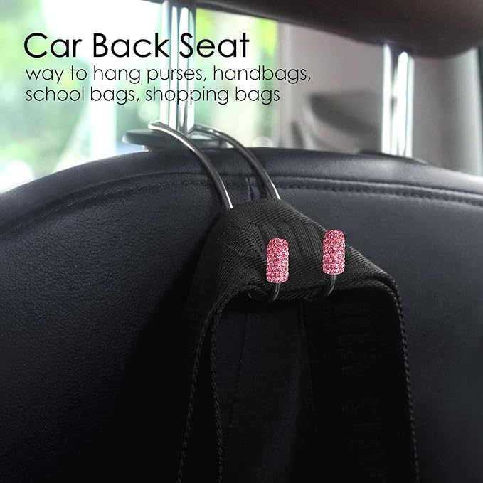 Guoord Pink Car Accessories for Women, 2 Pcs Hot Pink Car Decor Hooks for Purses and Bags, Durable Backseat Holder, Heart-Shaped Purse Hook Hangers, Storage Universal for SUV Truck & Van