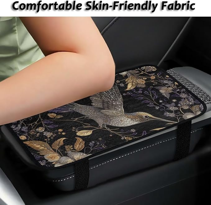 Hummingbird Flower Console Cover Armrest Pad Soft Car Armrest Cushion Anti-Slip Washable Car Center Console Lid Cover Accessories Fit Sedans,Cars,Vans,SUV,Truck
