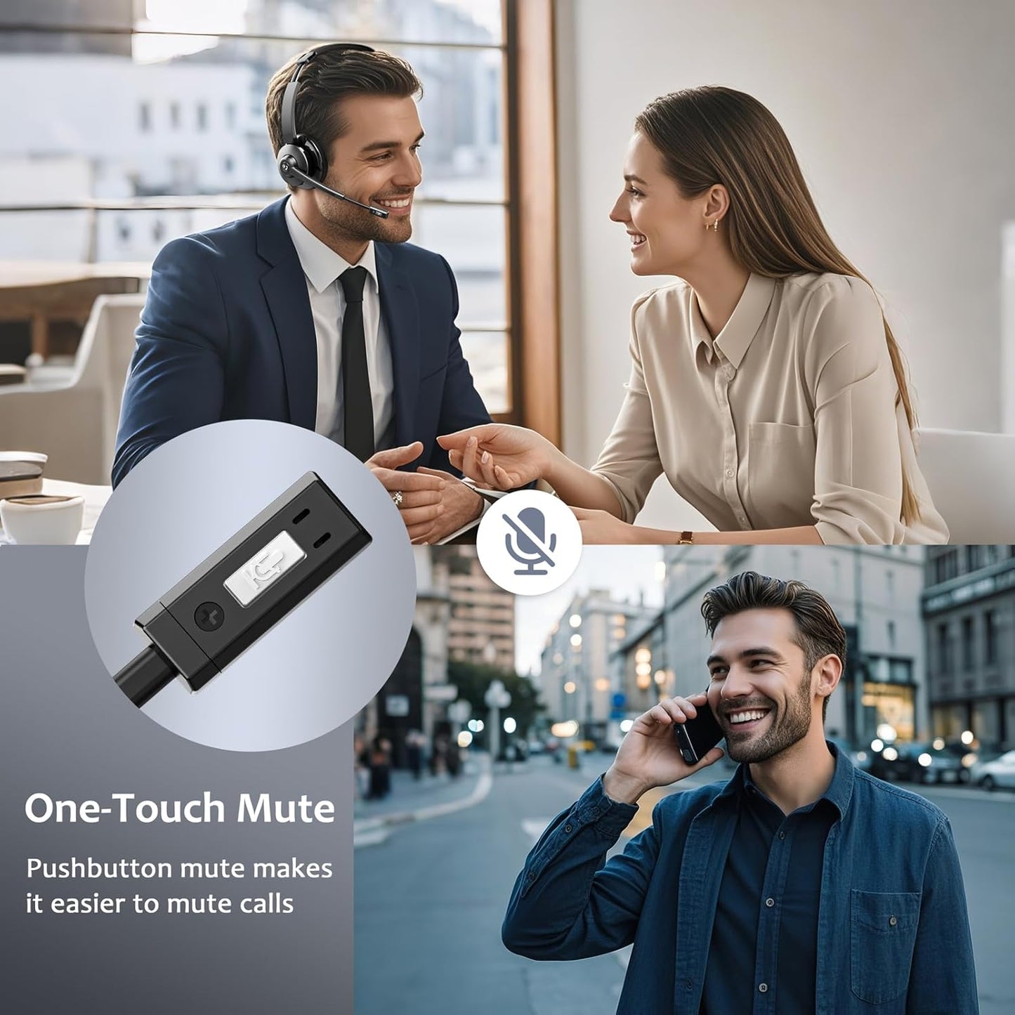 Wireless Headset，Bluetooth Headset with Microphone Noise Cancellation Wireless Headphones with USB Dongle Connection and Microphone Mute for PC/Laptop/Smartphone/Teams/Home