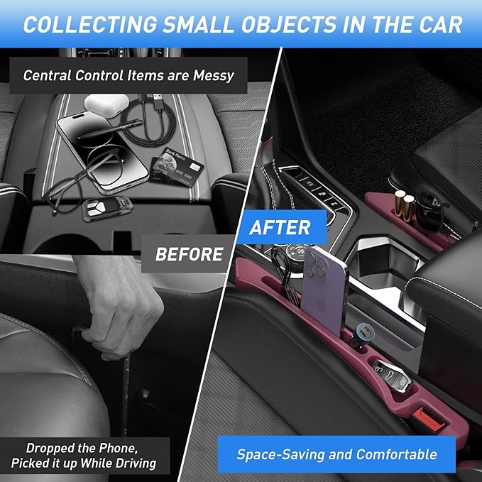 Car Seat Gap Filler 2Pack, Inserts Between Seats Console with Organizer Storage Upgraded Phone Holder Side Seat Gap Fillers Cars Front Seats Fill Plug Car Essentials for Vehicle SUV Truck (Wine Red)