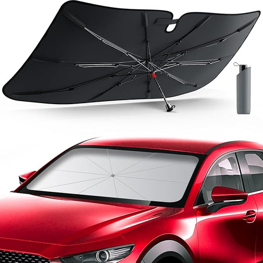 DMJN Umbrella Windshield Sun Shade - Small, Car Sunshade for Front Windshield [Nano Ice-Crystal Coatings] UPF50+ Heat & UV Block, Protect Interior & Keep Cooler Universal for Car, SUV, Truck