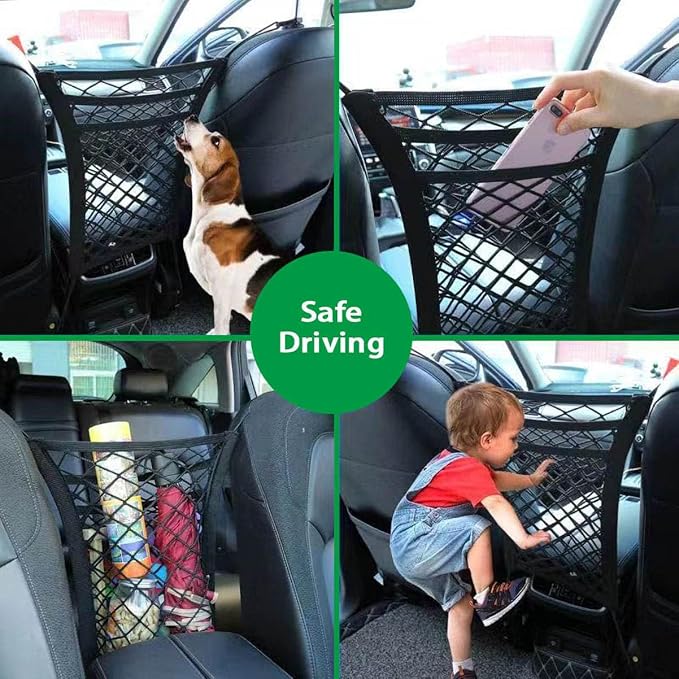 Universal Car Front Seat Net Pocket Organizer,Stretchable Hanging Storage Net Bag Purse Holder for Car,Barrier of Backseat Dog Or Kids