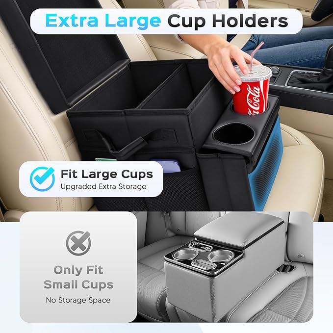 Foldable Bench Seat Center Console, Car Armrest Organizer Box with 2 Large Cup Holders & Massive Storage, Universal Portable Trunk Console Arm Rest for Car/Truck/Van/SUV Rear Organizers Back Seat